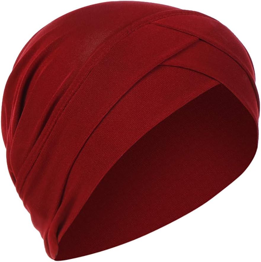 YONSIN-HomeYONSIN Women India Hat Muslim Beanie Turban Wrap Scarf Cap, Pleated Muslim Hijab Cap Cancer Chemo Hat Hollow Out Mesh Beanie Turban Hair Loss Headwrap Wine