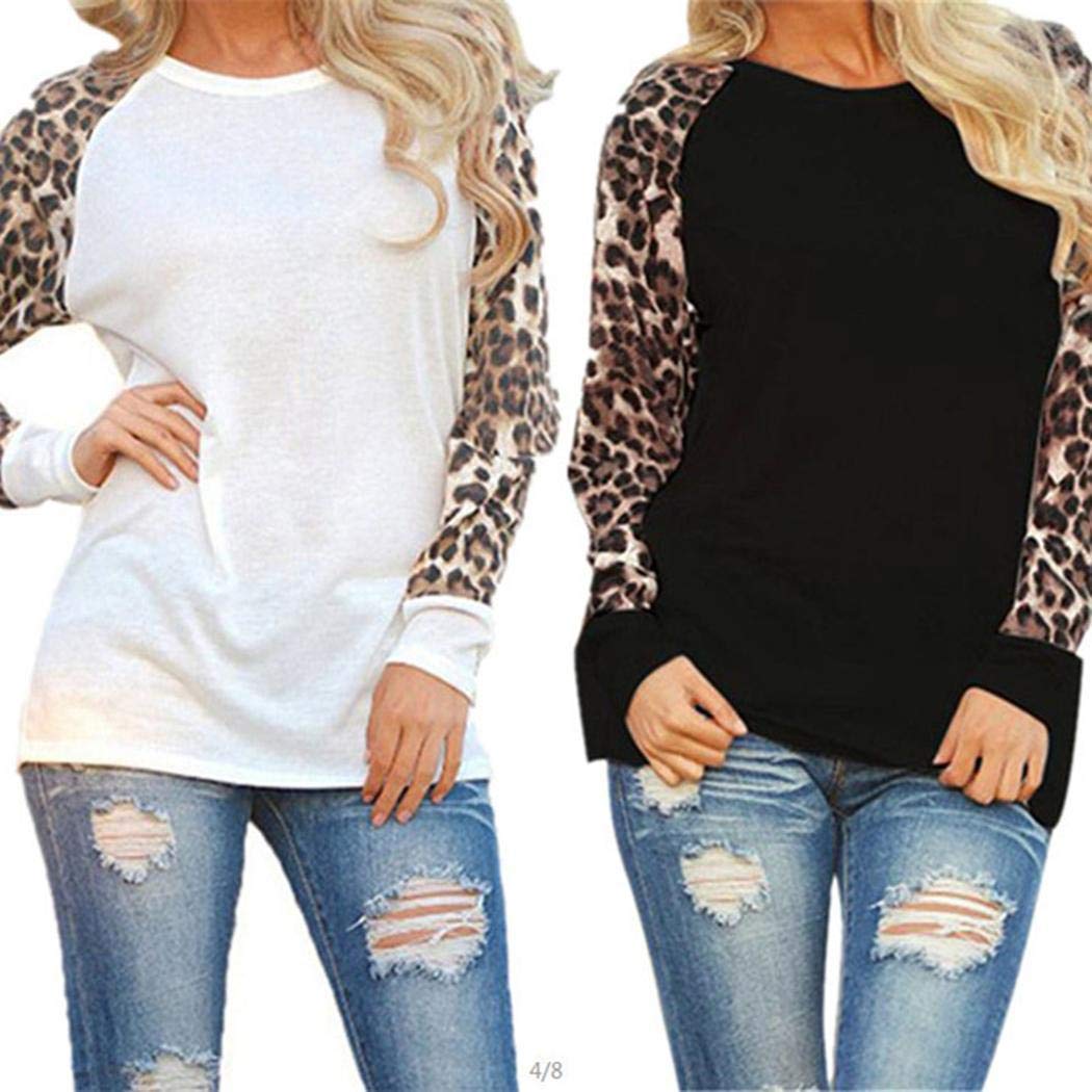 Weardear Women Casual O-Neck Leopard Patchwork T-Shirt Knits & Tees Black