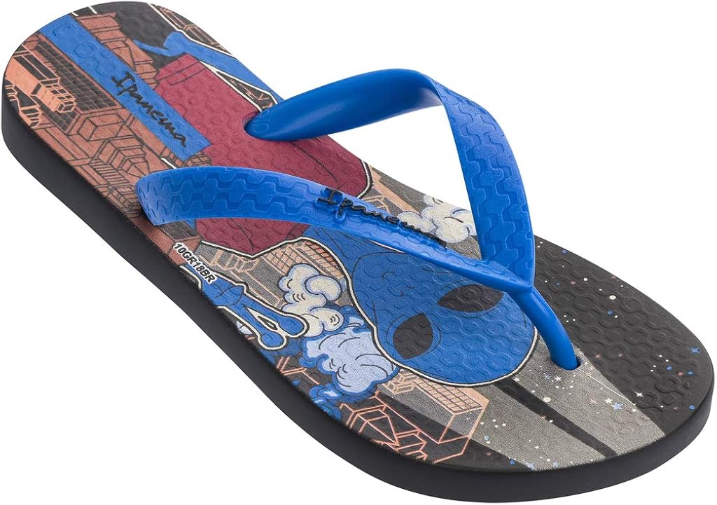 black and blue flip flops