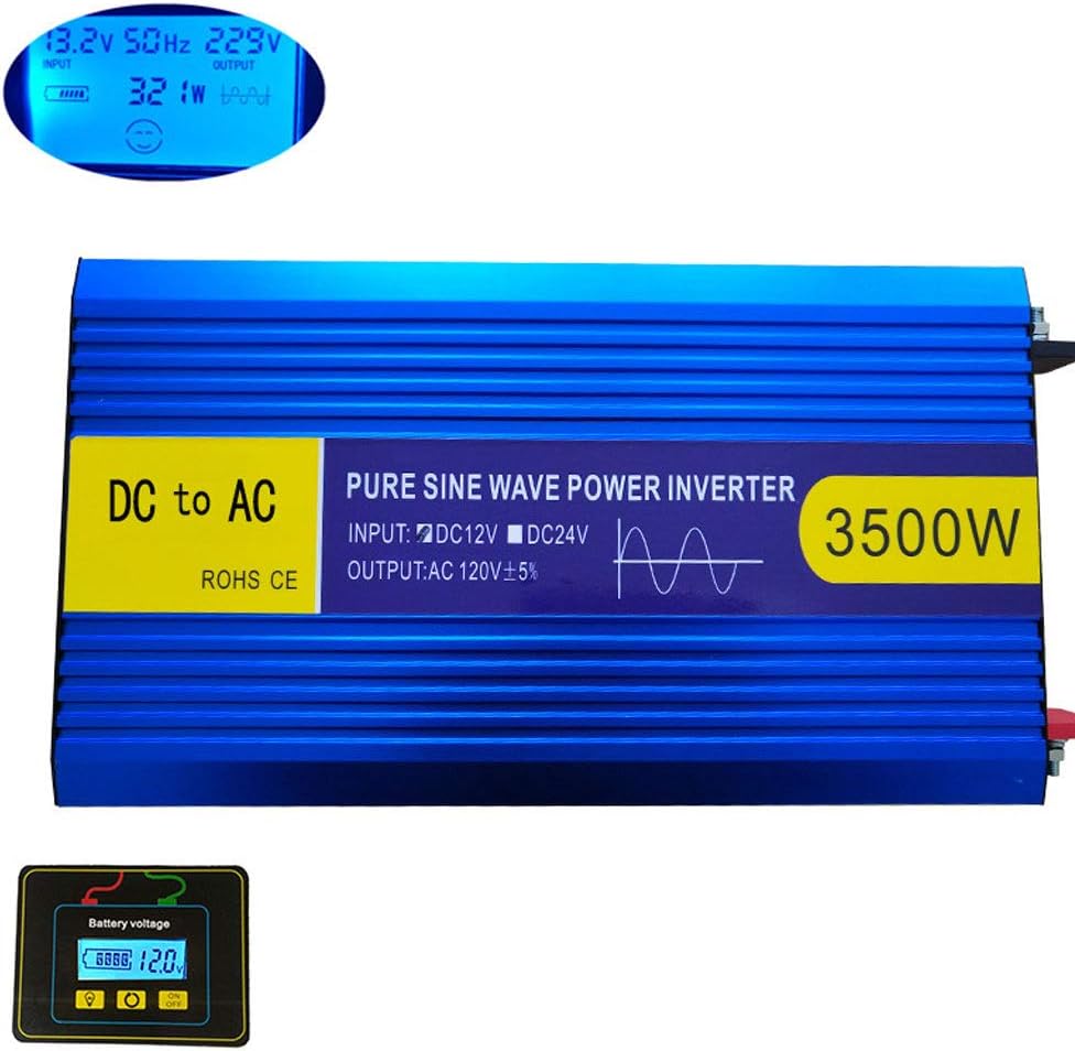 Hermsi 3500W Car Power Inverter Pure Sine Wave DC 12V/24V to AC 110V/220V with LCD Display and Wire Controlled Switch