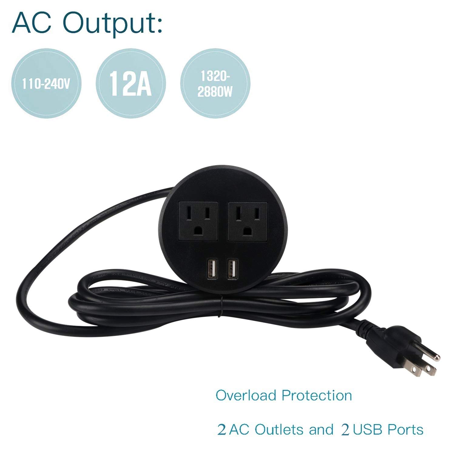 Leopardprintfans Desktop Power Outlet Hidden Power Grommet with 2 USB Charger and 2 Power Socket,Desk Hole Grommet Outlet with 6ft Extension Power Cords (Black)