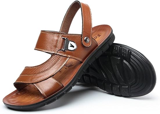 Amazon ハウス 夏 メンズサンダル レザー 本革 ビーチサンダル 2way サンダル オープントゥ コンフォート サンダル 黒 ライトブラウン ファッションサンダル
