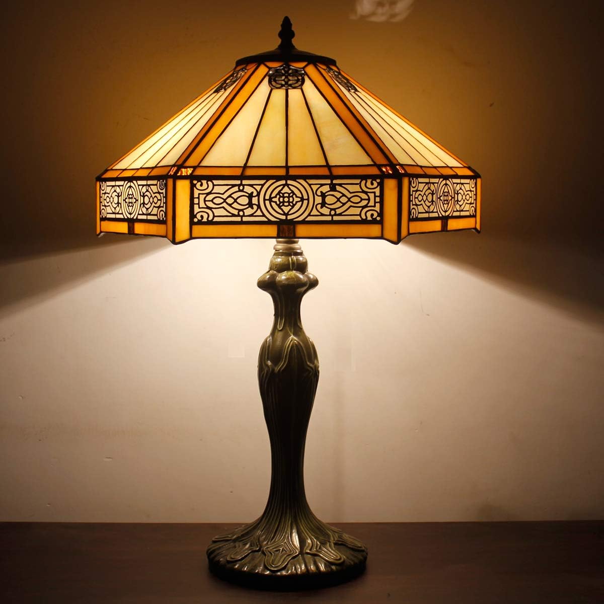 Tiffany Lamp Yellow Hexagon Stained Glass Mission Style End Coffee Table Lamps Bookcase Reading Lighting Lampshade Antique Base W16 H24 Inch Living Room Bedroom Bedside Desk S011 WERFACTORY - Image 5