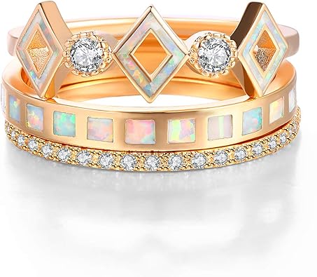 Amazon Com Jiangyue Women Rings 3pcs Set Created Fire Opals Aaa Cubic Zirconia Champagne Plated Stackable Dainty Ring Party Jewelry Size 6 7 8 9 Jewelry