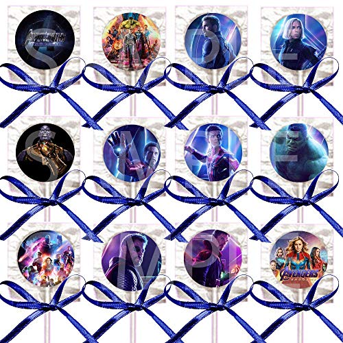 Avengers Endgame Movie Lollipops Party Favors Supplies Decorations Lollipops with Dark Blue Ribbon Bows Party Favors -12 pcs