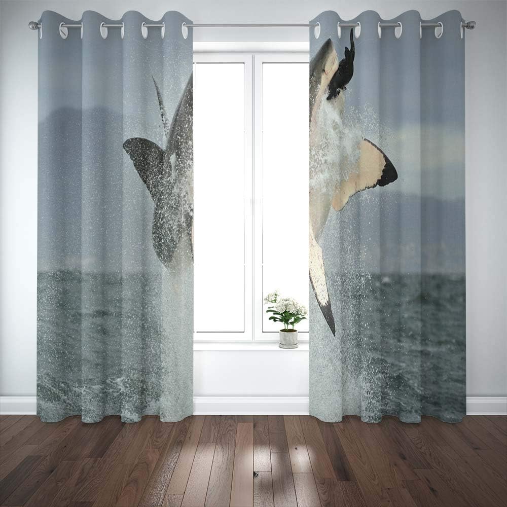 Shorping 52X84 Inch 3D Window Curtains, Privacy Window Curtain Great White Shark in Attack Hunting of South Africa Carcharias Breaching an a Window Blackout Curtains for Bedroom,2 Pc