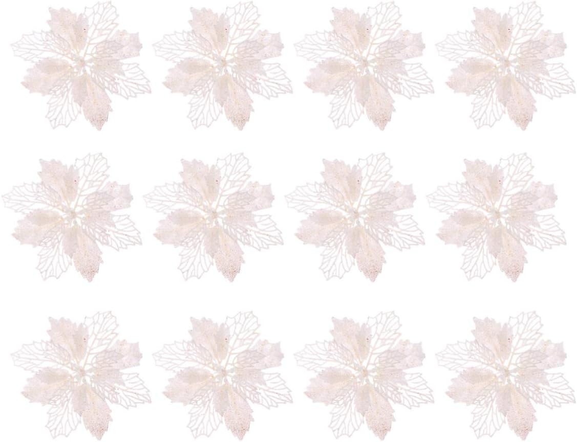 TOYANDONA 12pcs Glitter Poinsettia Christmas Artificial Flowers Christmas Tree Floral Ornaments Decorations Xmas Tree Pendant Wreath Filler (White)