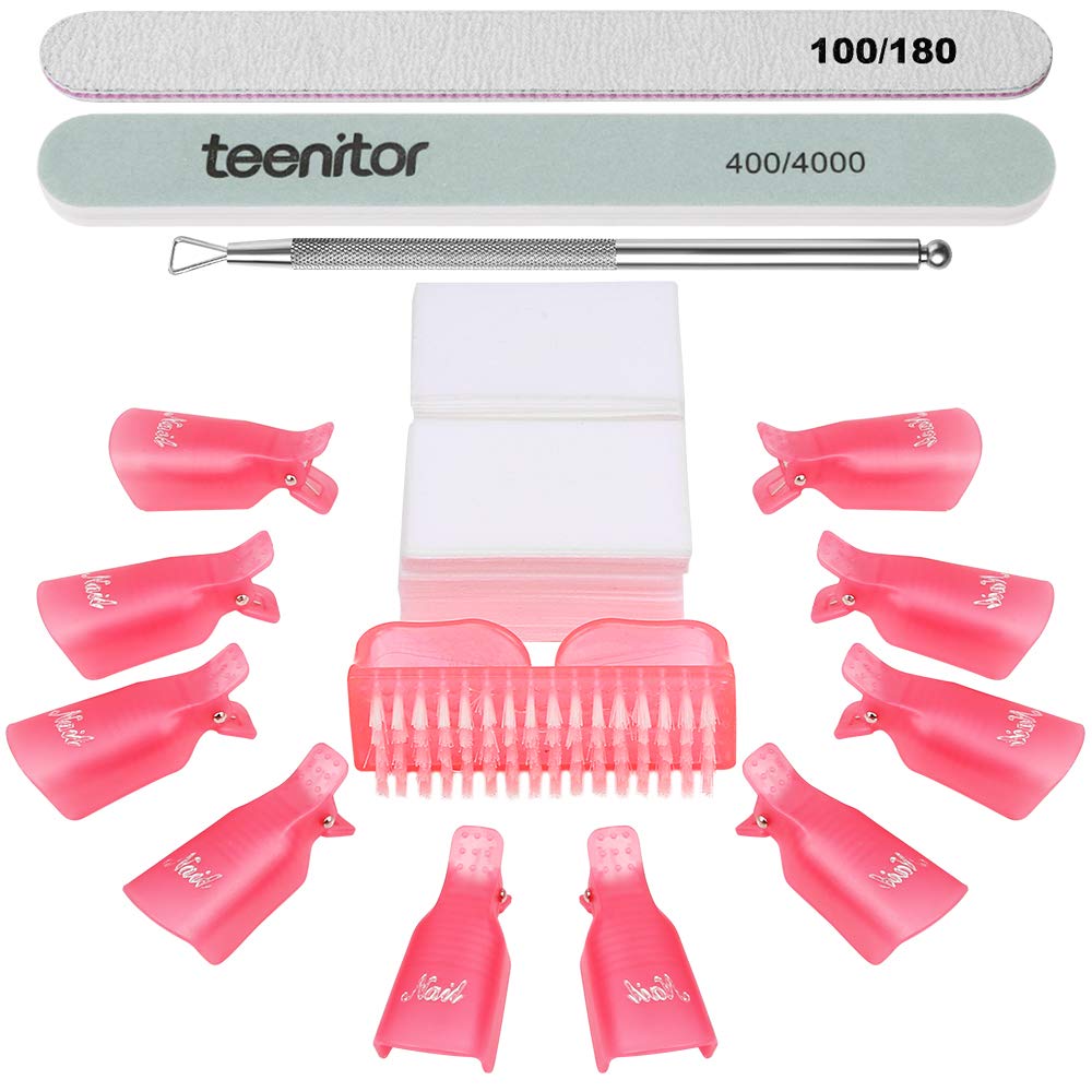 Teenitor Nail Gel Remover Tools Kit with Pink Polish Remover Clips, Cuticle Peeler Scraper, Gel Nail Brush, 115 Pack Nail Wipe Cotton Pads, Nail File Grits 120/180 Buffer Block Grits 400/4000 : Beauty