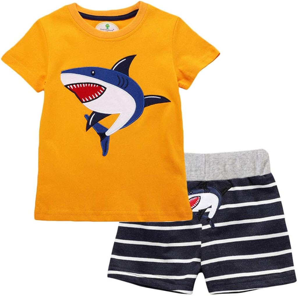 FIN86 Baby Boy Outfits,Toddler Infant Shark Short Sleeve T-Shirt Tops and Striped Print Shorts Set for Summer