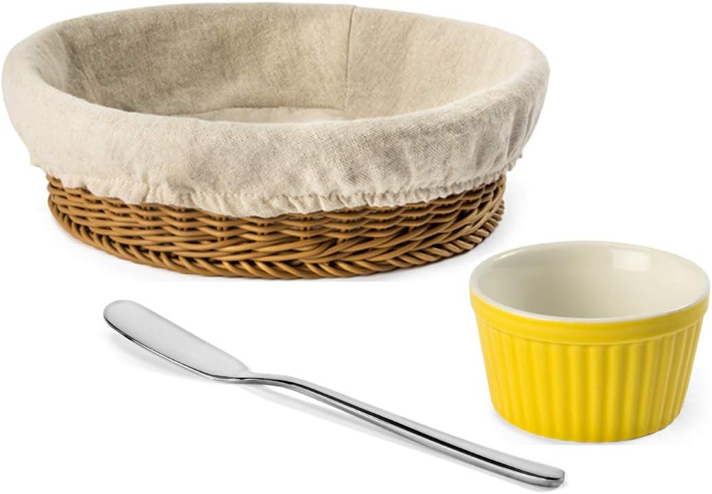 NATIONAL CONCEPTS Bagel and Butter Serving Set; (1) Bagel Basket with Liner, (1) 304 Stainless Steel Butter Spreader, (1) Yellow Ramekin 6 0z.