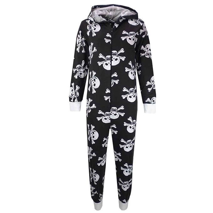 A2Z 4 Kids Kinder Unisex Mädchen Jungen Schädel & Kreuzknochen Strampelanzug Alles in Einem Halloween Kostüm Overall PJ's Alt