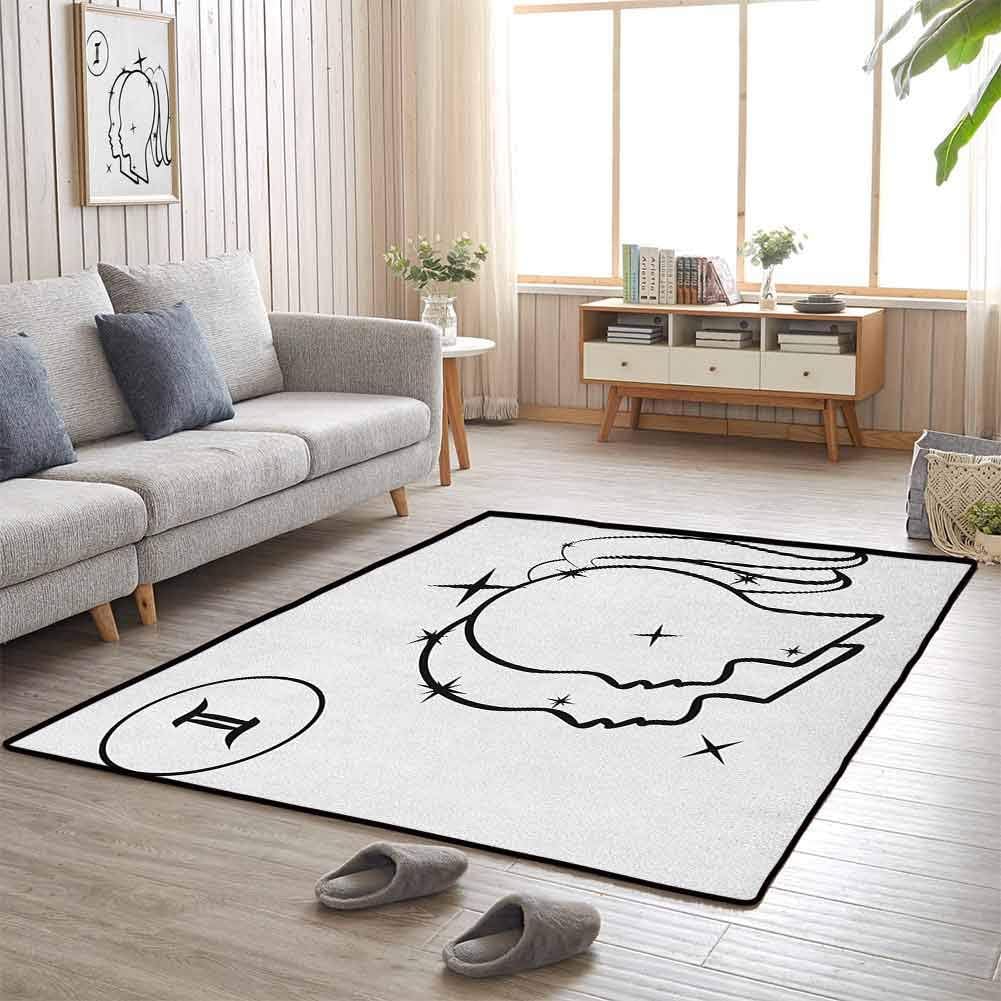 Zodiac Gemini Hallway Rug 3'x5' Non-Slip Backing Mystical Sign with Women Portrait Outlines with Stars Sisters of Zodiac Black and White