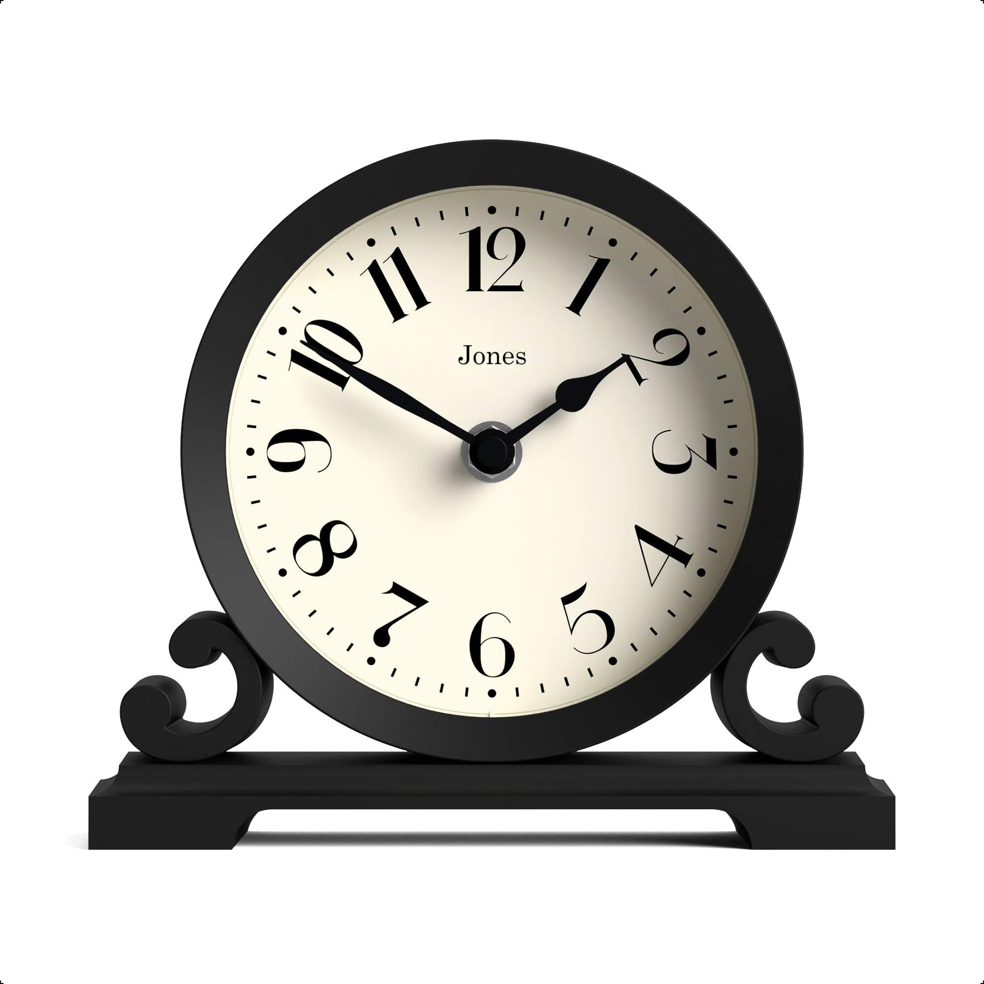 Jones Clocks® Saloon mantel clock | Small traditional double scroll design | Black | Contemporary classic style for desk, table, shelf or bedside