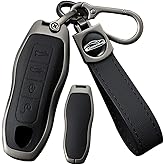 SANRILY Metal & Leather 4 Button Smart Key Fob Cover Case Fit for Porsche 911 Cayenne Panamera 718 Spyder 2020 2021 Boxster Key Fob Shell Keyless with Keychain Black
