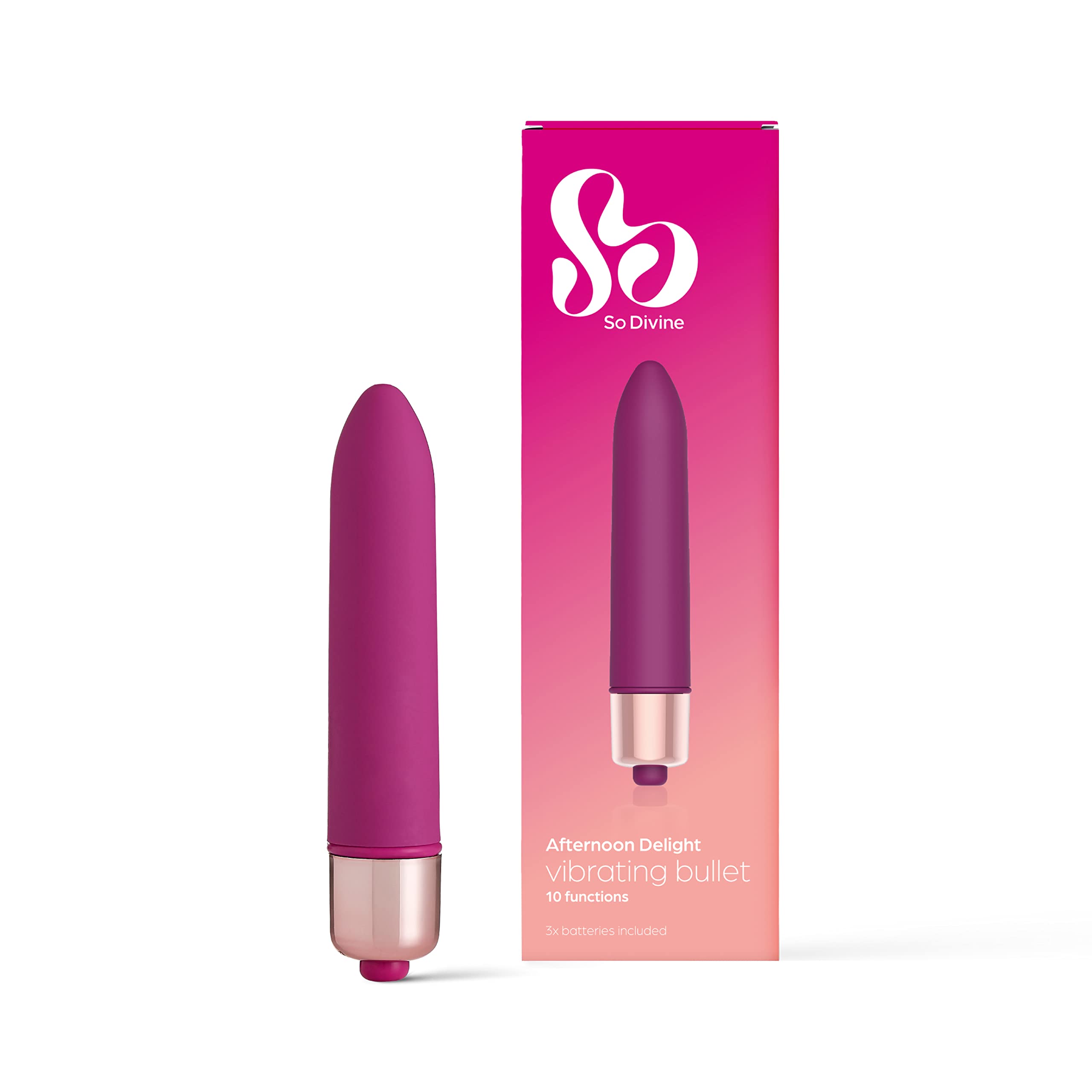 So Divine - Afternoon Delight Powerful Bullet Vibrator with A Tapered Tip, 10 Functions - 3 Speeds and 7 Patterns for Intense Pleasure. Waterproof, Length 90mm, Pink and Rosegold, Batteries Included.