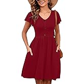 Heymoments Women Summer Dresses Ruffle Sleeve Casual V Neck Swing Button Down Flowy Dress with Pockets