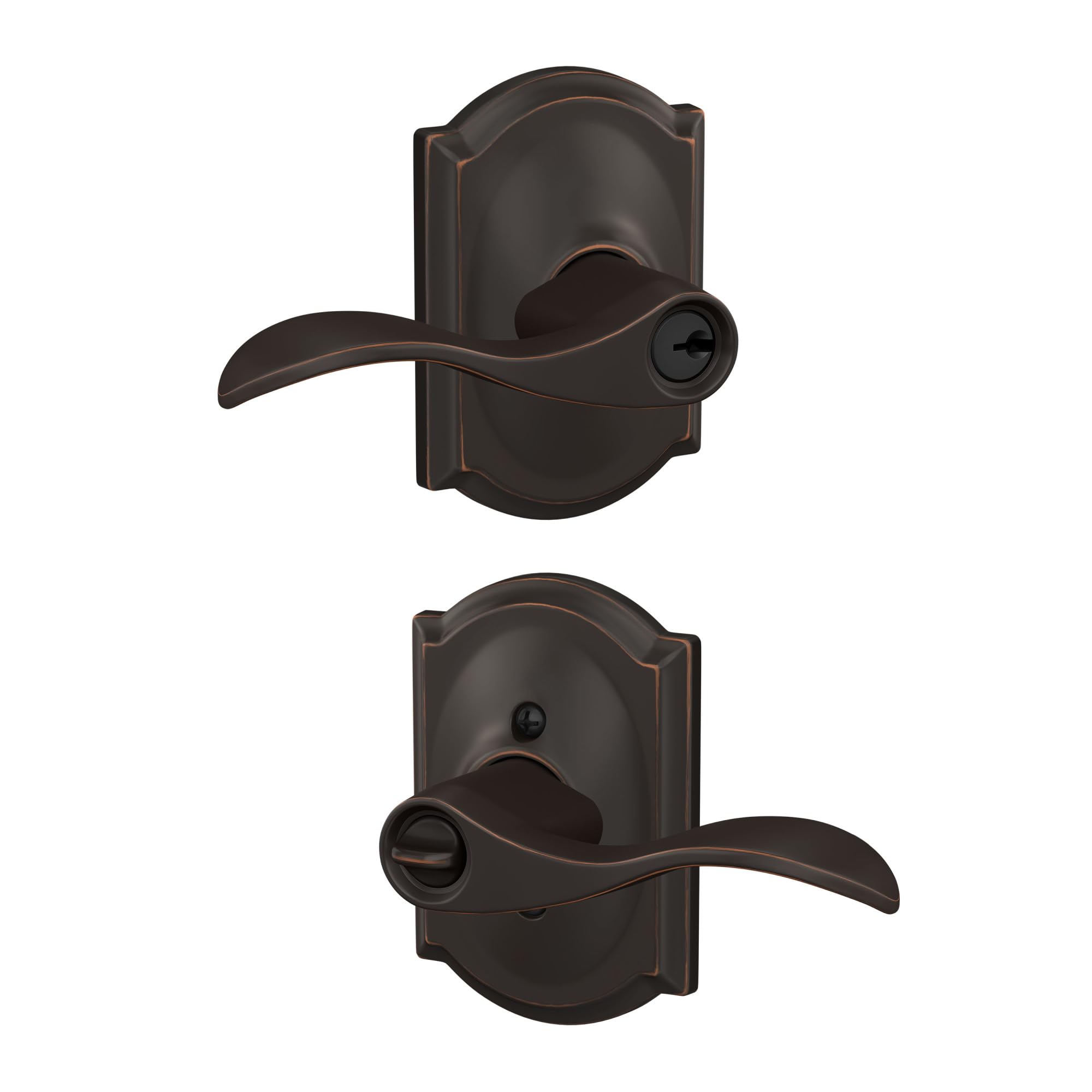 Schlage F51A ACC 716 CAM Accent Door Lever with Camelot Trim, Keyed Entry Lock, Aged Bronze Image