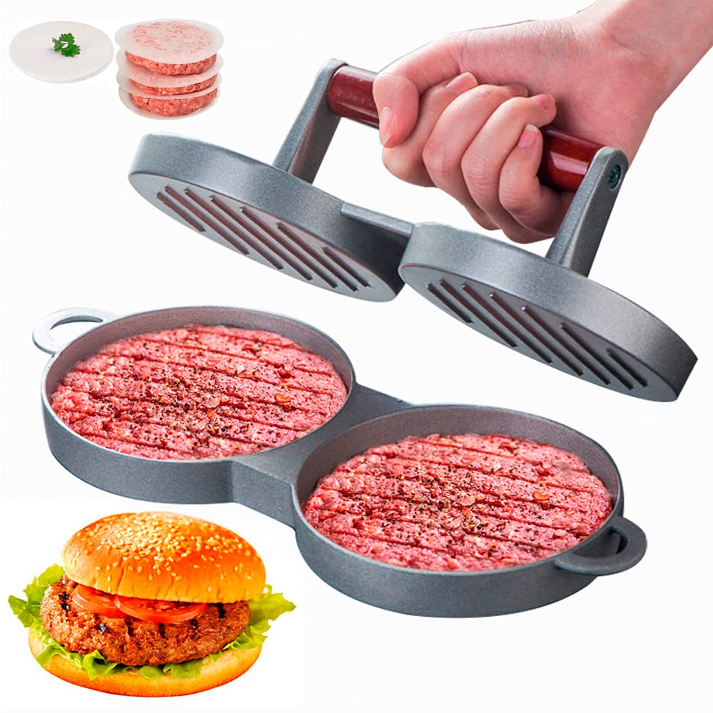 Photo 1 of DJ.KEKAO Two at a Time Round Shape Hamburger Press Aluminum Alloy Hamburger Meat Beef Grill Burger Press Food Mold Kichen Tool with 100 Pieces Waxed Papers for Cooking (Two)