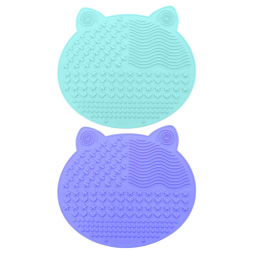 2Pack Makeup Brush Cleaning Mat, Cute Cat Animal Design Silicone Portable Brush Cleaner Pad Washing Tools with Suction Cups (Green+Purple)