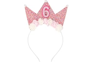 SuPoo Birthday Decorations for Girls - 6th Birthday Headband Crown, Glitter Hair Band, Flower Princess Tiara Hair Accessory for Party