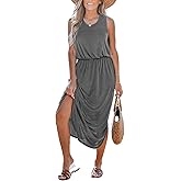 CUPSHE Women's Knit Summer Dress Cover Up Crew Neck Cinched Waist Side Slit Casual Holiday Vacation Sundress Maxi Beach Cover Up Dress, Grey XL