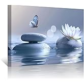 PBXBJY Zen Bathroom Decor Water Lily Wall Art Lotus and Blue Butterfly on Stone Canvas Prints White Floral in Water Picture Wall Decor for Meditation Spa Room (Zen - 2, (12.00" x 18.00"))