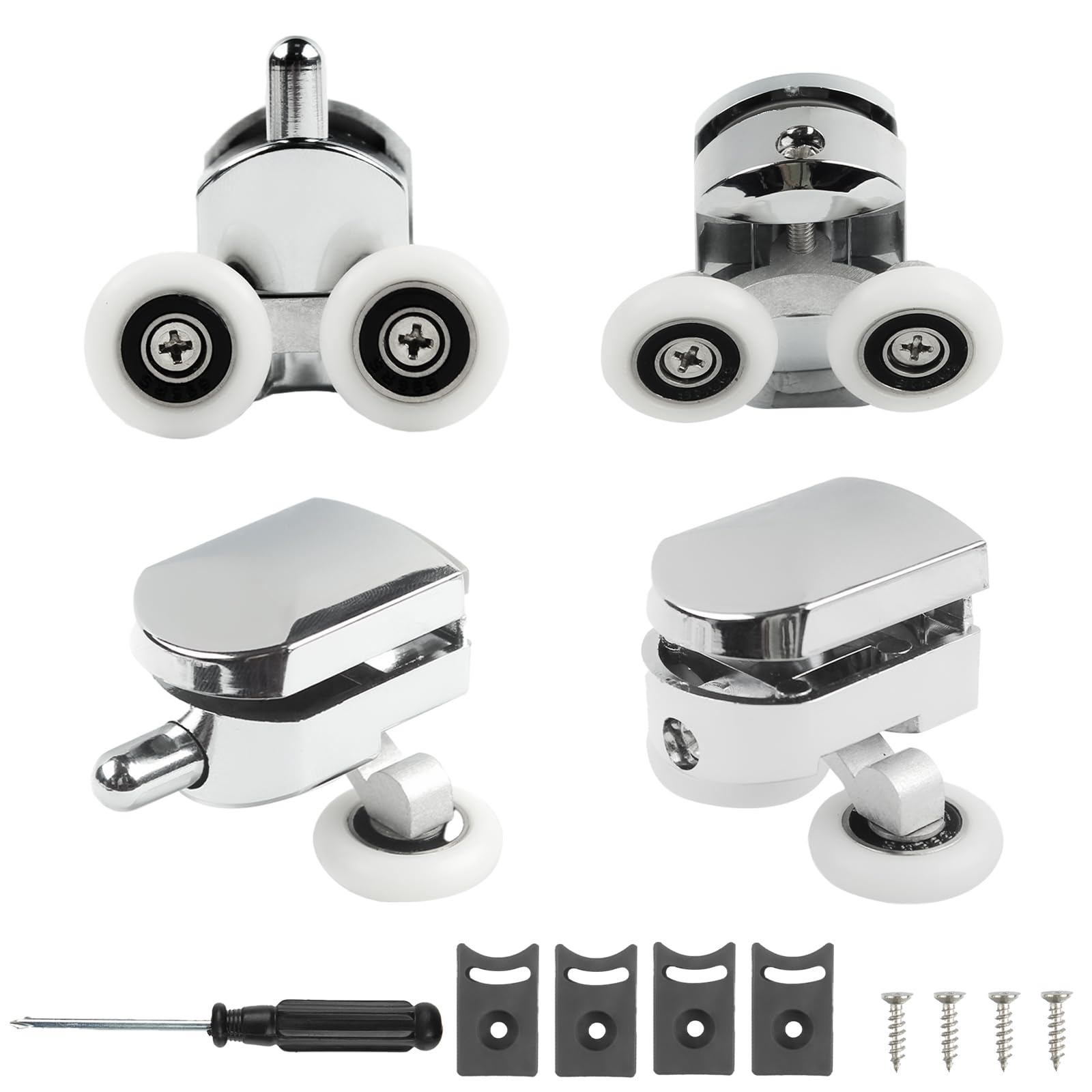 4Pcs Chrome Plated Shower Glass Door Rollers, 23mm Curved Shower Door Wheel, Shower Replacement Twin Roller, Bathroom Door Fixing Pulley with Anti-Slip Screwdriver for Glass Door Hole Diameter 10-12mm