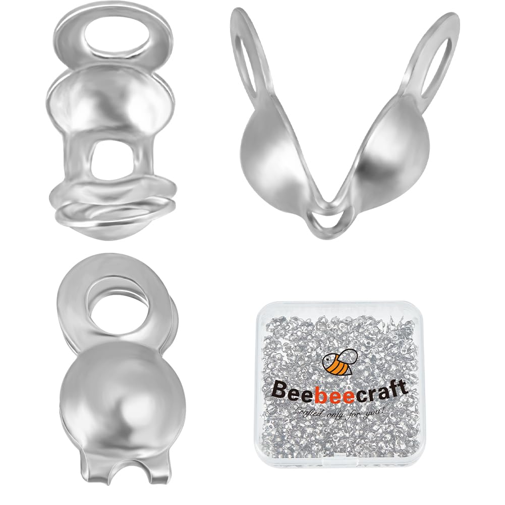Beebeecraft 1 Box 500Pcs Open Bead Tips Knot Covers Stainless Steel 1.4mm Clamshell Crimp Fold-Over Culotte Ends Caps for Jewelry Making DIY Crafts