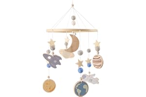 JETM·HH Space Nursery Mobile - Wooden Baby Mobile - Solar System Crib Mobile Astronaut Space Theme Nursery Bed Decoration, Gift for Newborn (Blue)