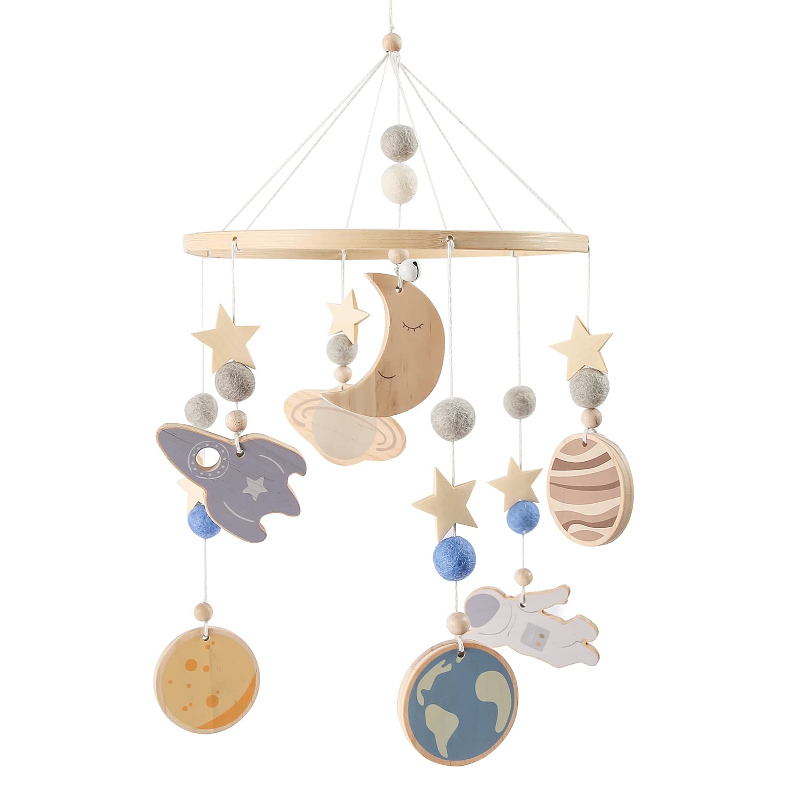 Photo 1 of Space Nursery Mobile - Wooden Baby Mobile - Solar System Crib Mobile Astronaut Space Theme Nursery Bed Decoration, Gift for Newborn (Blue)