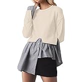 AIHUKOCY Women Slit Stripe Patchwork Shirt Crewneck Sweater Contrast 2 in 1 Button Down Asymmetric Hem Knit Pullover Sweaters