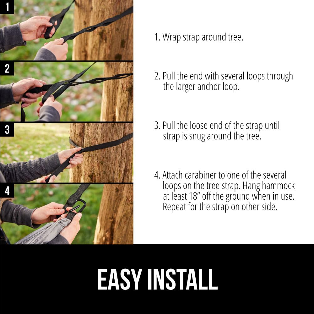 GORILLA GRIP Durable Portable Camping Hammock, Holds 400lbs with Heavy Duty Tree Straps, Comfortable Travel Swing, Camp Hammocks, Easy to Use and Install, Outdoor Essentials, Black, 9x4.5 FT