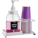 Summark Mouthwash Dispenser for Bathroom,Mouth Wash Pump Bottle with Stainless Steel Cup Holder,24 OZ Refillable Clear Mouthwash Container,BPA Free,White