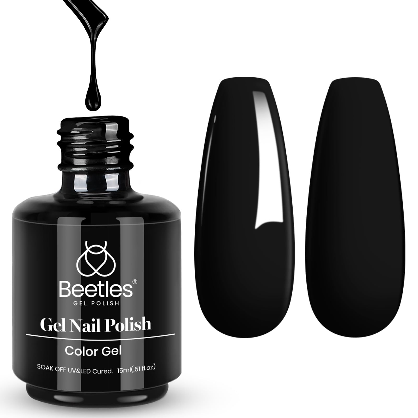 Beetles Black Gel Nail Polish, 1 Pcs 15ml Audrey Black Color Soak Off Gel Polish Nail Art Manicure Salon DIY Uv Lamp Nail Design Decoration at Home Gift for Women