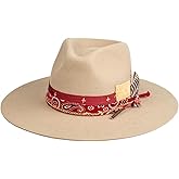 RUEDIGER Vintage Wide Brim Fedora Hats 100% Wool Stiff Felt Hat Rancher Hat with Lightning Logo Handmade Distressed/Burned