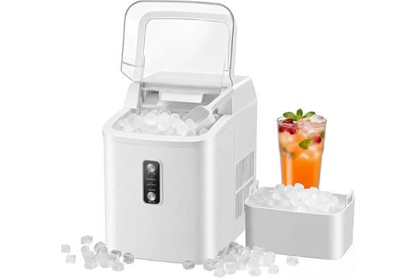 KMFurnila Nugget Ice Maker Countertop, Portable Ice Makers Machine with Removable Basket and Scoop, Self-Cleaning, Quiet, 6-Min Ready, 24lbs in 24Hrs, Visible, for Home, Party, RV, Camping, White