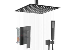 JingGang 16 Inch Ceiling Mount Matte Black Shower System Bathroom Luxury Rain Mixer Shower Combo Set Ceiling Rainfall Shower Head System (Contain Shower Faucet Rough-in Valve Body and Trim)