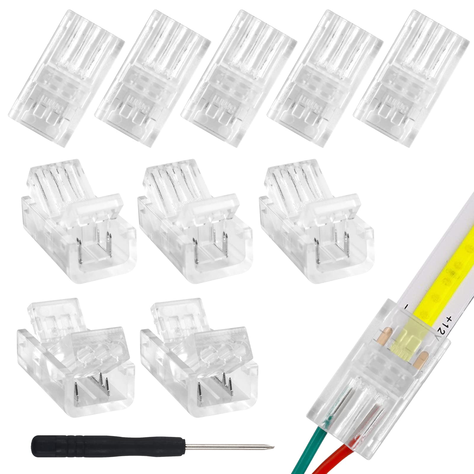 Aroidful 10Pcs 2 Pin 8mm COB LED Strip Light Connectors Gapless Solderless Connectors Strip to Wire Quick Connectors Adapter for COB LED Strip Lights 36V 5A