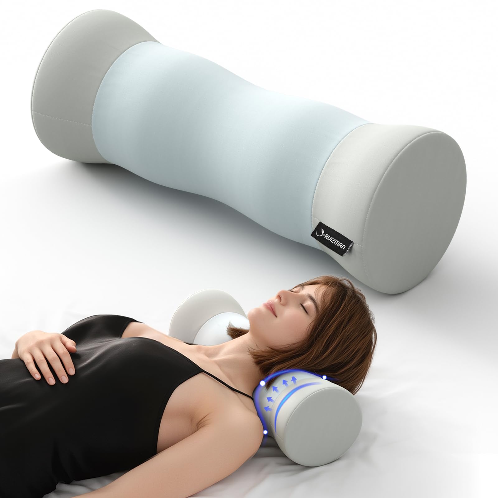 Photo 1 of Ruizman Neck Roll Pillow - Memory Foam Round Neck Pillow - Ergonomic Cervical Roll Pillow, Breathable & Removable Cover - Multi-Use Bolster Pillow for Neck, Leg, Back, Yoga (Blue Grey)