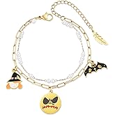 LETFLY Halloween Bracelets for Women, 18K Gold Silver Plated Pumpkin Spider Ghost Witch Charms, Stackable Beaded Bracelet Jewelry Gifts for Women