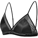 FEELITS Real Mulberry Silk Satin Lace Triangle Bralette with Removable Pad, Soft Cup Wireless Bra for Women