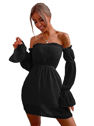 SheIn Women's Off Shoulder Ruched Mini A Line Dress Long Sleeve