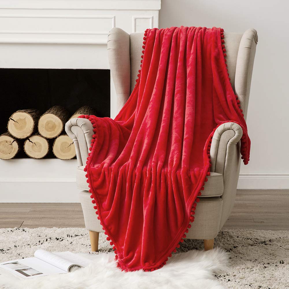 MIULEE Flannel Blanket Red Single Size Fluffy Throw with Cute Pompoms - Super Soft Large Cozy Warm Blanket for Sofa Bed Couch Travel Nursery Decorative 125x150cm (50"x60",Red)