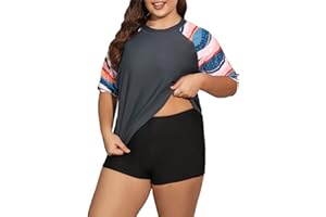 ALLTOKE Womens Two Piece Plus Size Short Sleeve Rash Guard Sets Modest Swim Shirts Top and Shorts UPF50+ Swimsuit
