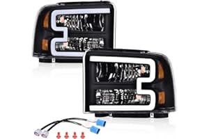 PIT66 LED DRL Headlight Assembly Compatible with Ford F250 F350 F450 F550 Super Duty 2005 2006 2007/Fit for Excursion 2005 6C3Z13008DB Headlamp Front Light Clear lens Black Housing Amber Reflector