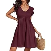 Jayscreate Women's 2025 Baby Doll Dress Backless Tie Back Pocket Summer Casual Ruffle Sleeve V Neck Mini T Shirt Dress