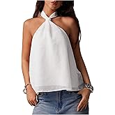 MAKEMECHIC Women's Tie Back Halter Tops Mesh Swiss Dots Knot Backless Sleeveless Tank