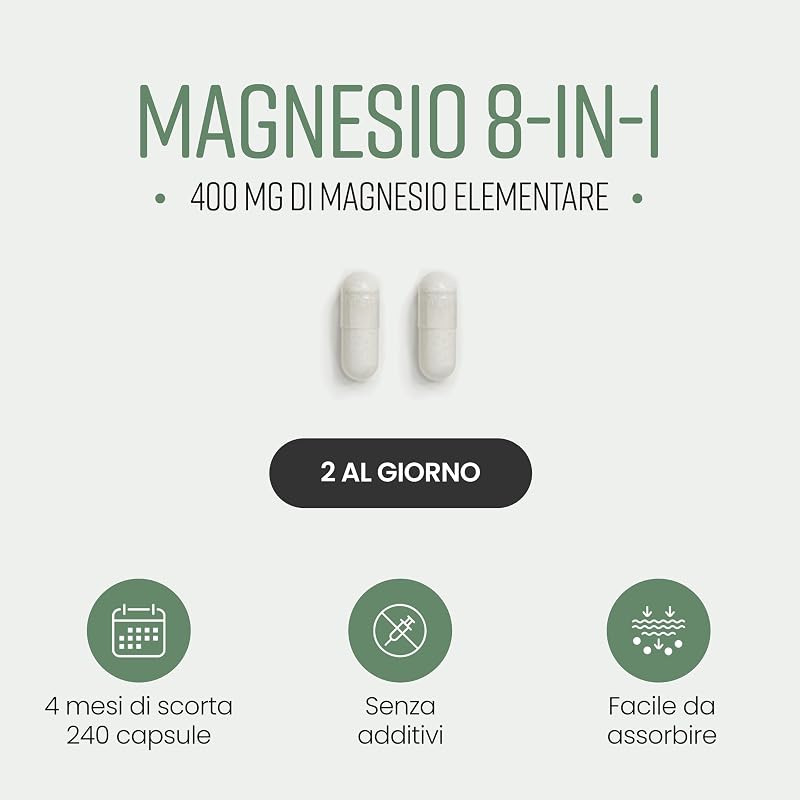 Magnesio Completo 8-in-1 | 400 mg Alta Dose | 240 Capsule Vegane | Magnesio Bisglicinato, Citrato, Malato, Taurato | Integratore per Muscoli ed Energia | 4 Mesi Fornitura | VitaBright