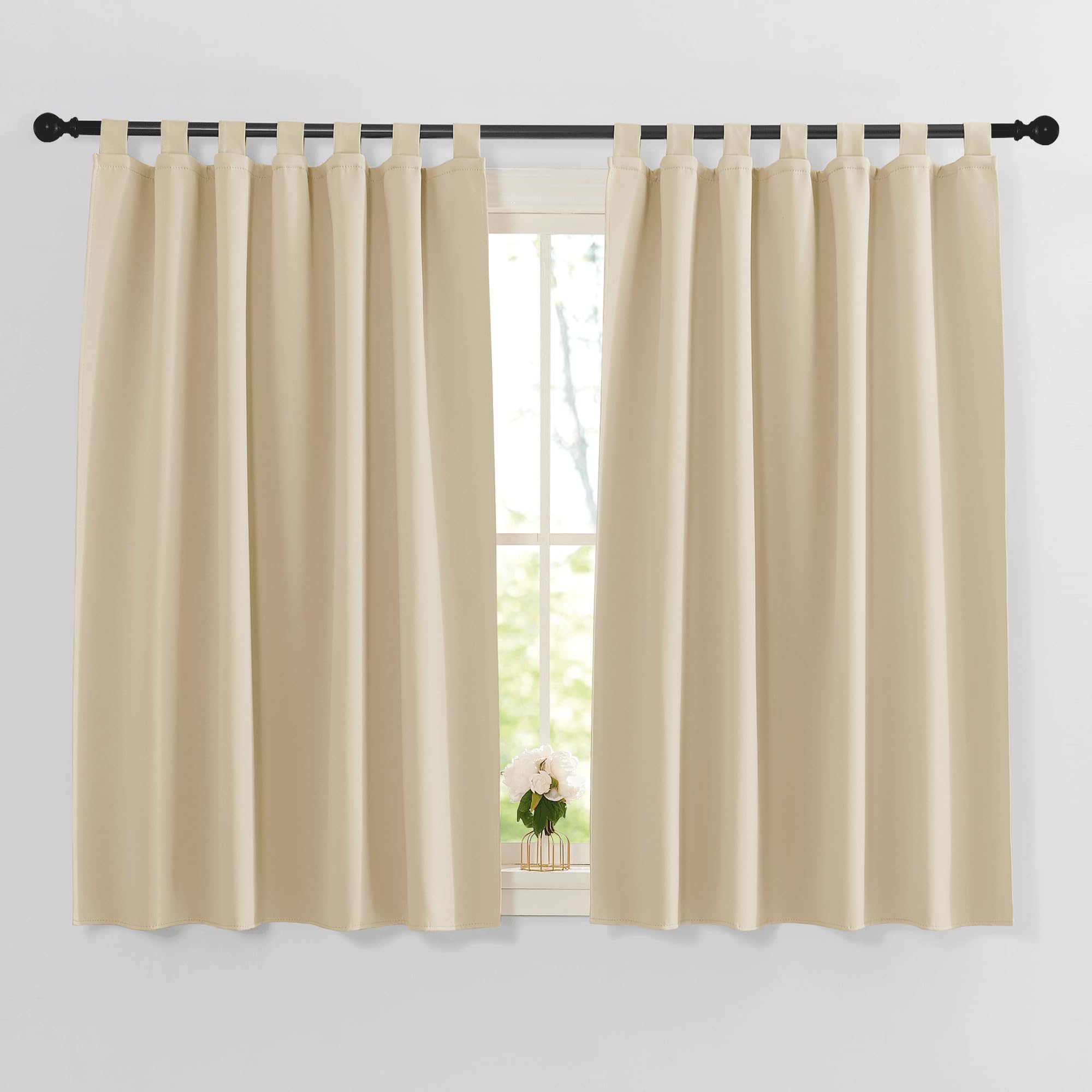 PONY DANCE Opaque Curtains for Kitchen - Tab-Top Curtain Decoration 2 Pieces H 145 x W 140 cm Curtains Living Room Modern Short Biscotti Beige — image 1