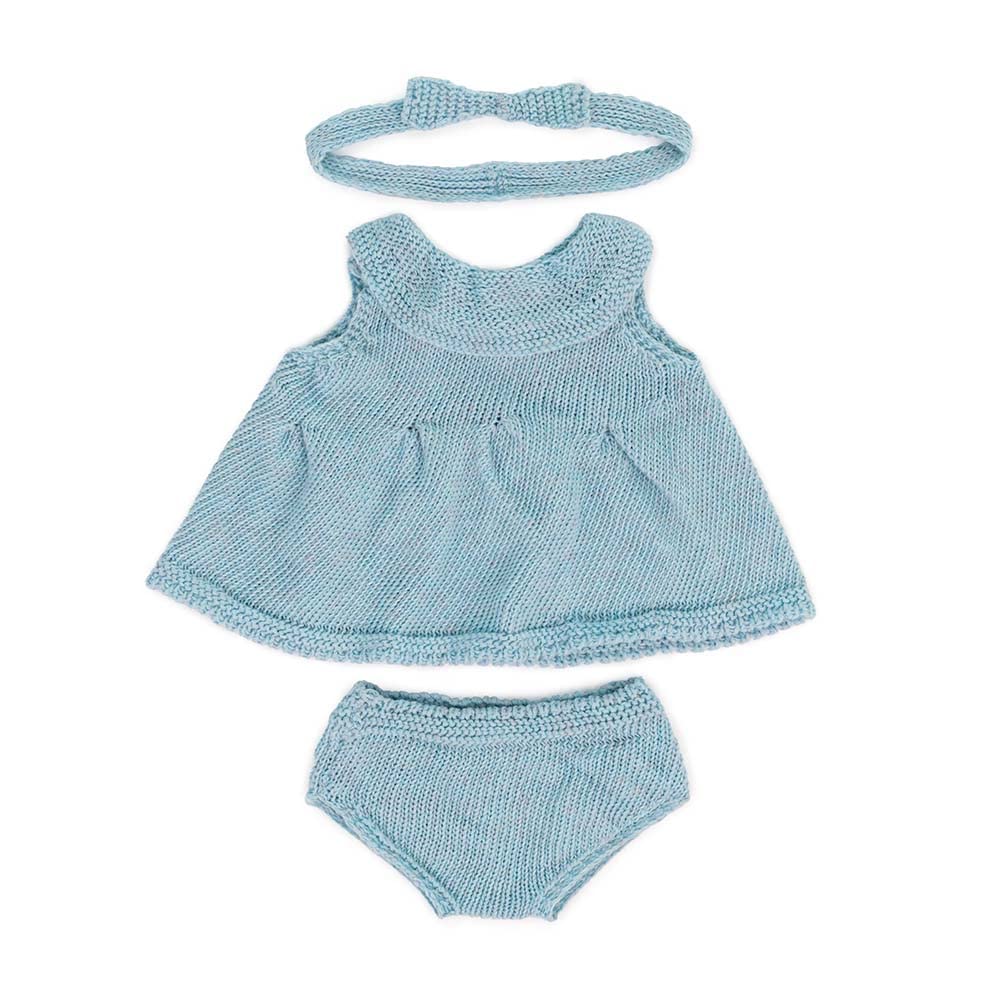 Miniland Dolls: Knitted Doll outfit 38cm - Dress & Headband, made of recycled materials, for 38cm Baby doll. Model: Dress & Headband in blue.